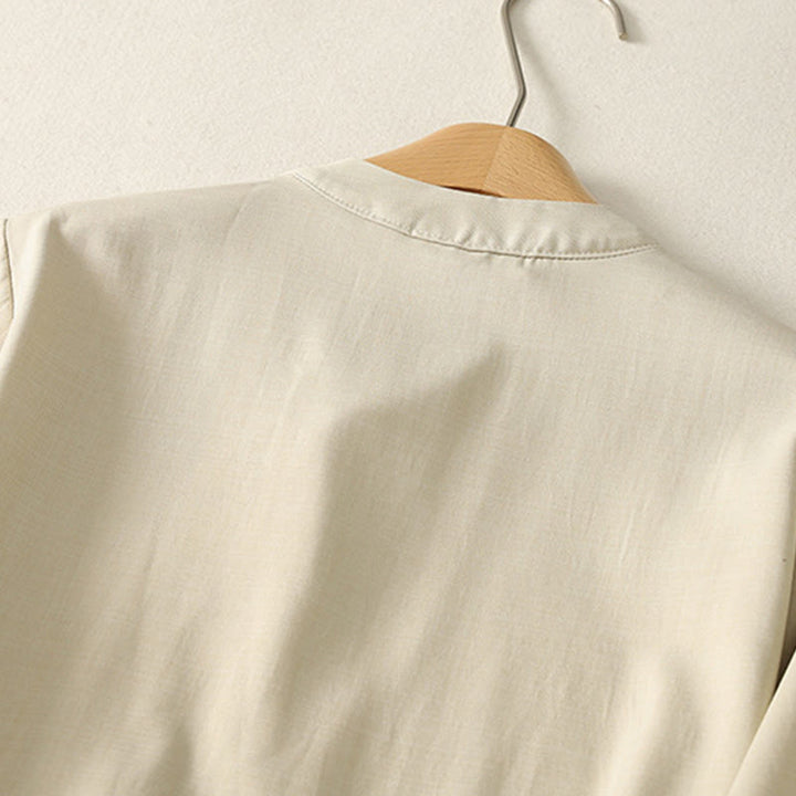 Buddha Stones Plain Lace-up Long Sleeve Half Buttons Design High Neck Women's Cotton Midi Dress With Pockets - image 3