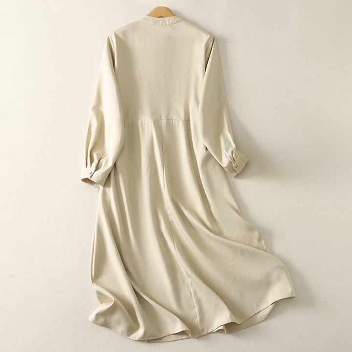 Buddha Stones Plain Lace-up Long Sleeve Half Buttons Design High Neck Women's Cotton Midi Dress With Pockets - image 1