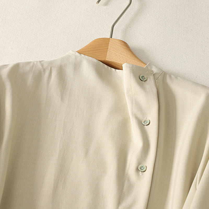 Buddha Stones Plain Lace-up Long Sleeve Half Buttons Design High Neck Women's Cotton Midi Dress With Pockets - image 2