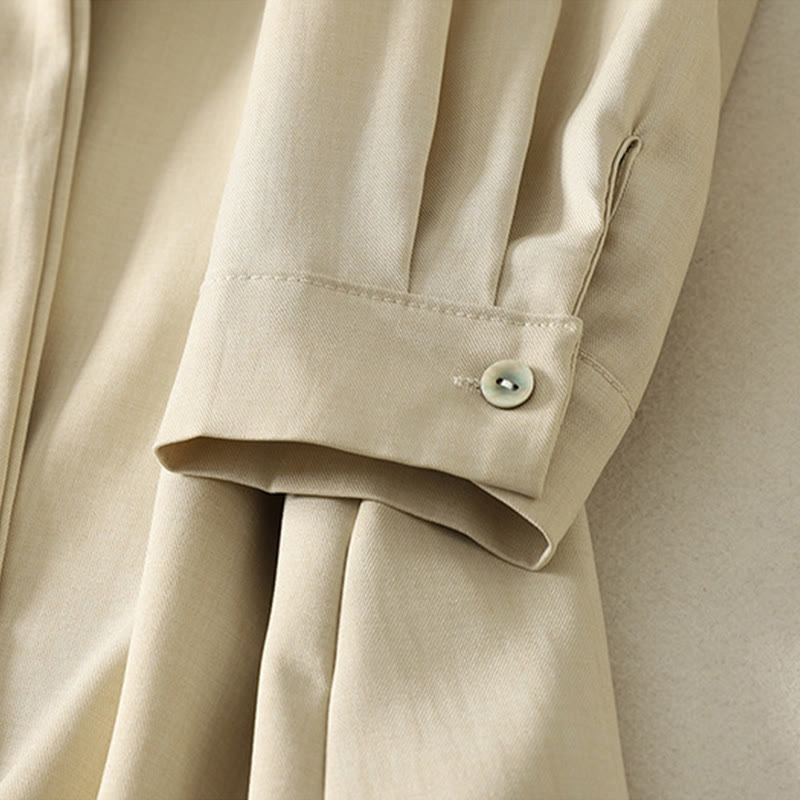 Buddha Stones Plain Lace-up Long Sleeve Half Buttons Design High Neck Women's Cotton Midi Dress With Pockets - image 6