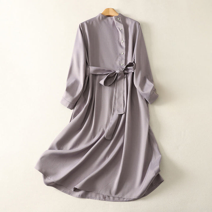 Buddha Stones Plain Lace-up Long Sleeve Half Buttons Design High Neck Women's Cotton Midi Dress With Pockets - Thistle - US8-10，UK/AU12-14，EU40-42 (2XL) - image 11