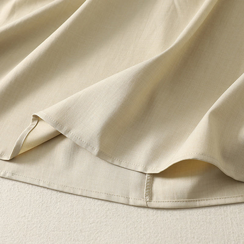 Buddha Stones Plain Lace-up Long Sleeve Half Buttons Design High Neck Women's Cotton Midi Dress With Pockets - image 10