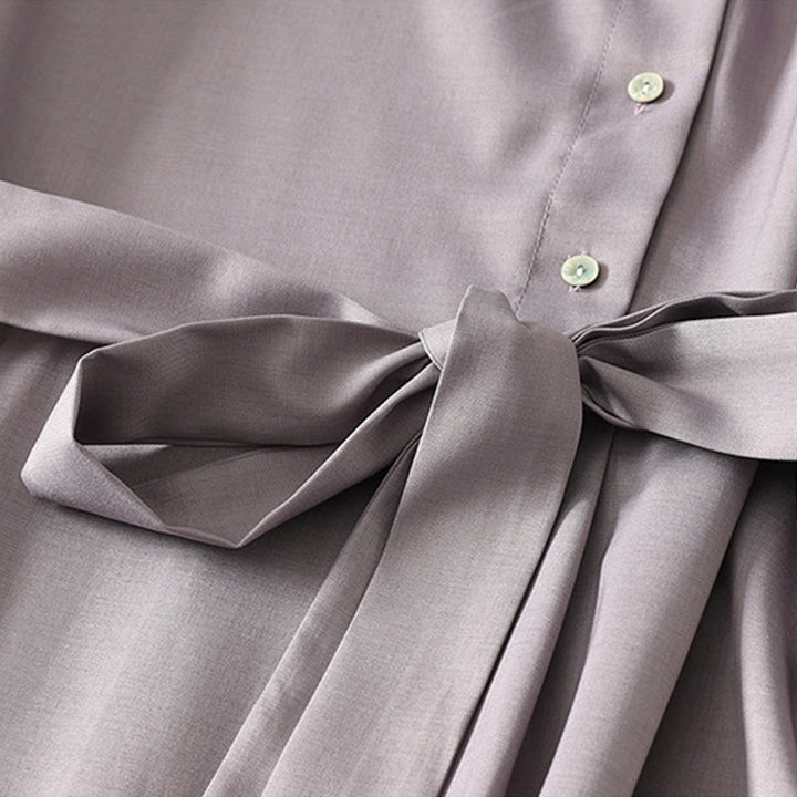 Buddha Stones Plain Lace-up Long Sleeve Half Buttons Design High Neck Women's Cotton Midi Dress With Pockets - image 13