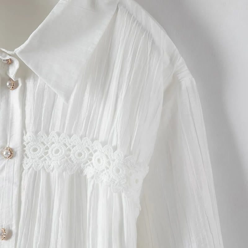 Buddha Stones Commute Lace Patchwork Lace-up Long Sleeve Buttons Lapel Women's Cotton Midi Dress - image 6