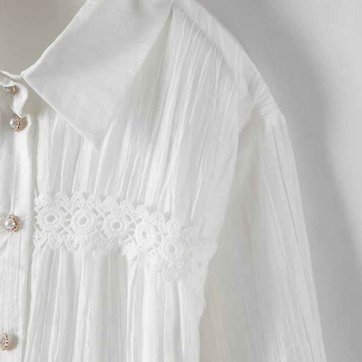 Buddha Stones Commute Lace Patchwork Lace-up Long Sleeve Buttons Lapel Women's Cotton Midi Dress - image 6