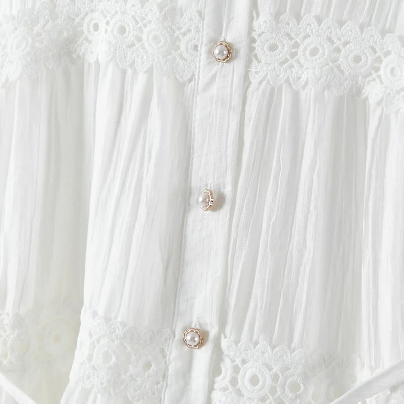 Buddha Stones Commute Lace Patchwork Lace-up Long Sleeve Buttons Lapel Women's Cotton Midi Dress - image 5