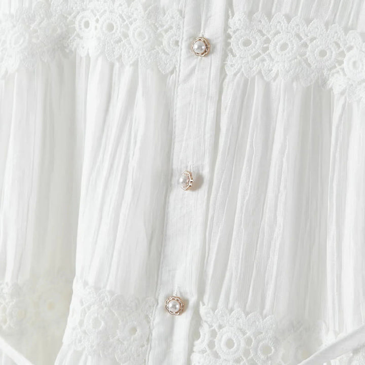 Buddha Stones Commute Lace Patchwork Lace-up Long Sleeve Buttons Lapel Women's Cotton Midi Dress - image 5