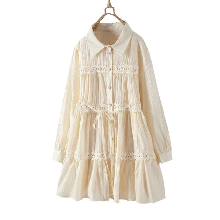 Buddha Stones Commute Lace Patchwork Lace-up Long Sleeve Buttons Lapel Women's Cotton Midi Dress - image 13