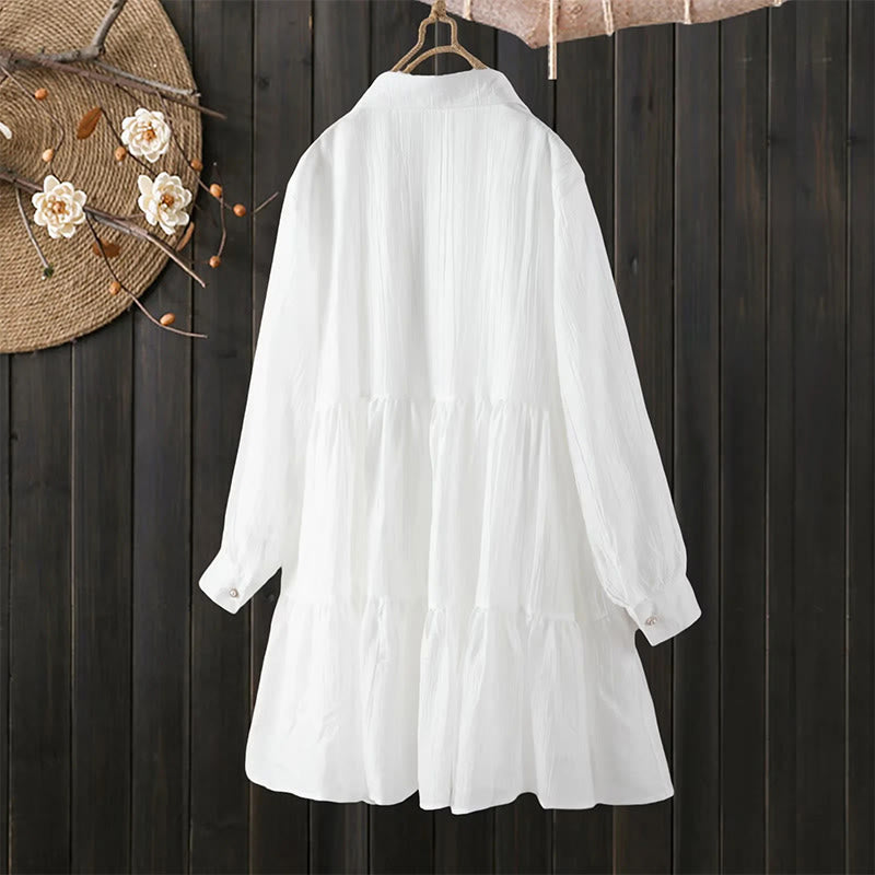 Buddha Stones Commute Lace Patchwork Lace-up Long Sleeve Buttons Lapel Women's Cotton Midi Dress - image 2