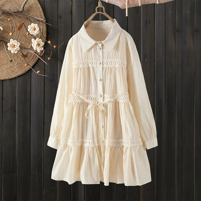 Buddha Stones Commute Lace Patchwork Lace-up Long Sleeve Buttons Lapel Women's Cotton Midi Dress - image 12