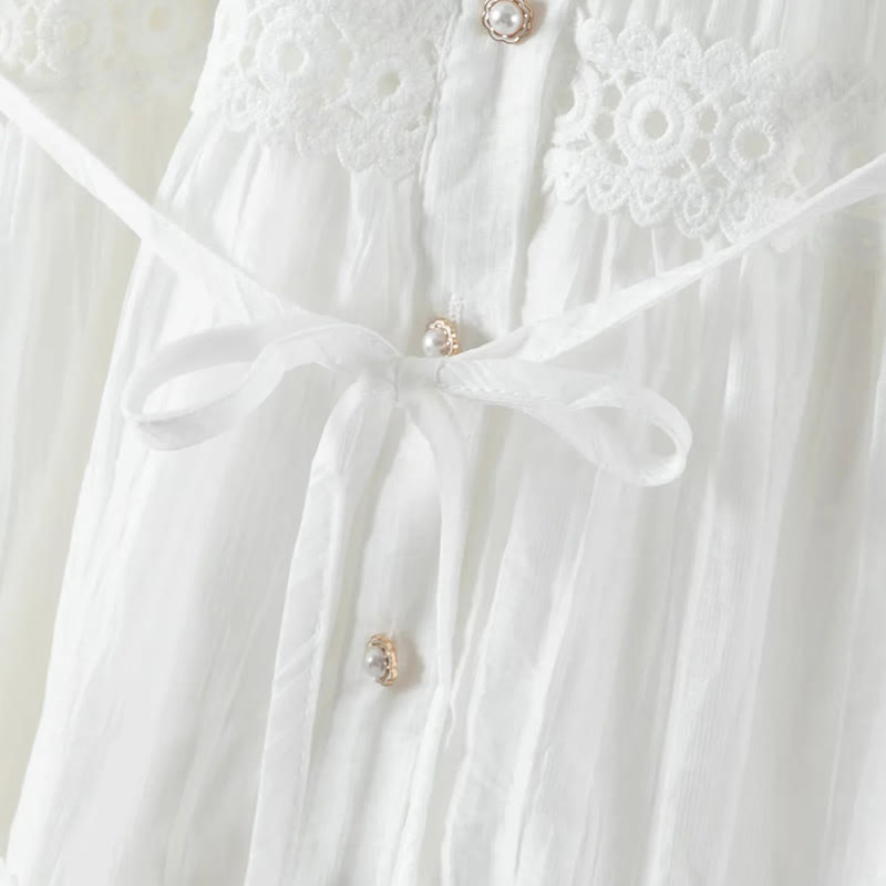 Buddha Stones Commute Lace Patchwork Lace-up Long Sleeve Buttons Lapel Women's Cotton Midi Dress - image 7