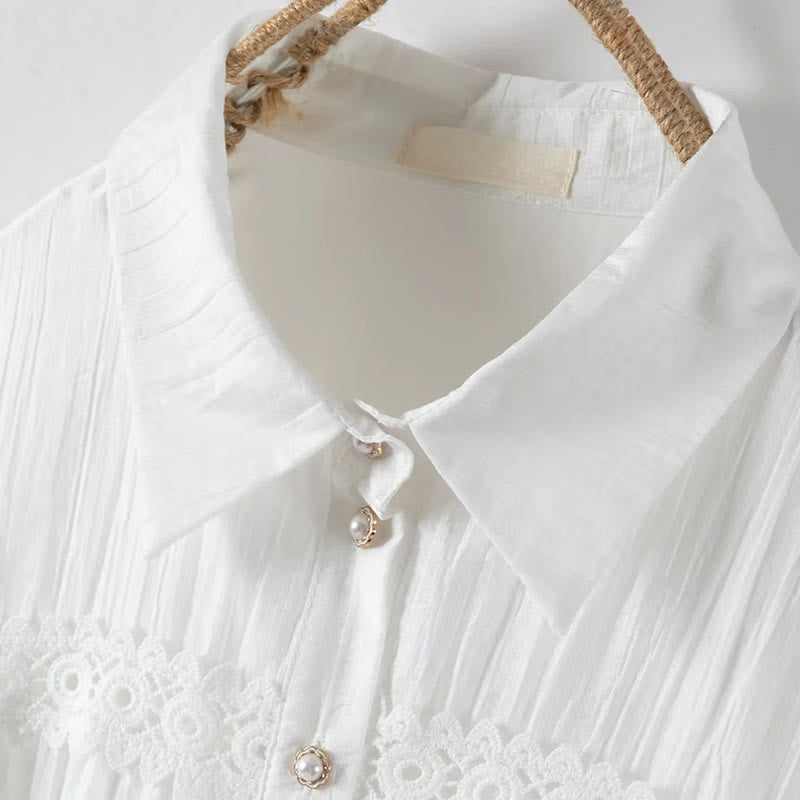 Buddha Stones Commute Lace Patchwork Lace-up Long Sleeve Buttons Lapel Women's Cotton Midi Dress - image 3