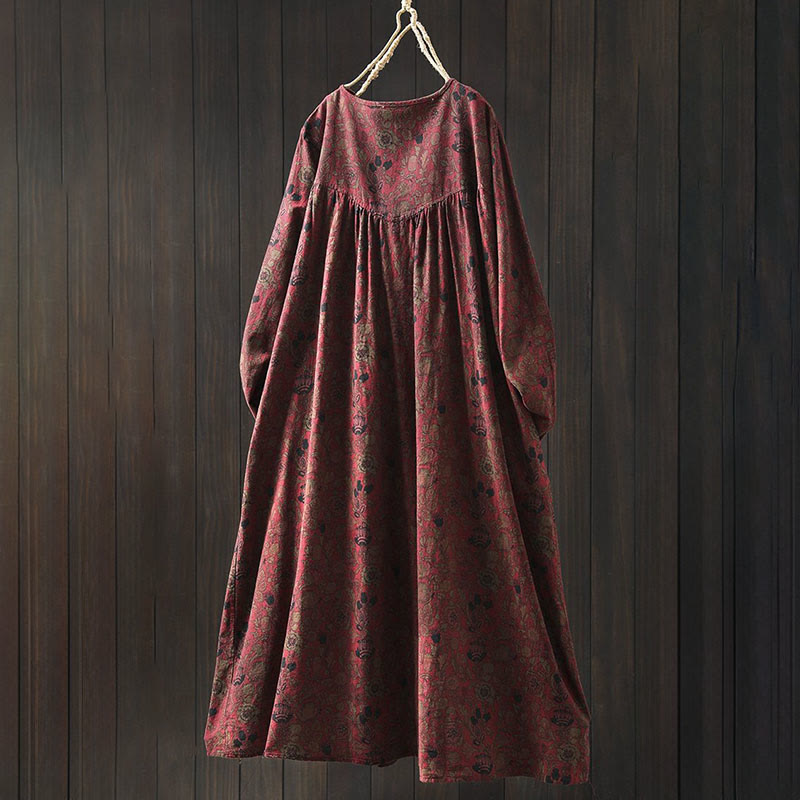 Buddha Stones Retro Floral Pattern A-line Design Long Sleeve Women's Cotton Maxi Dress - image 3