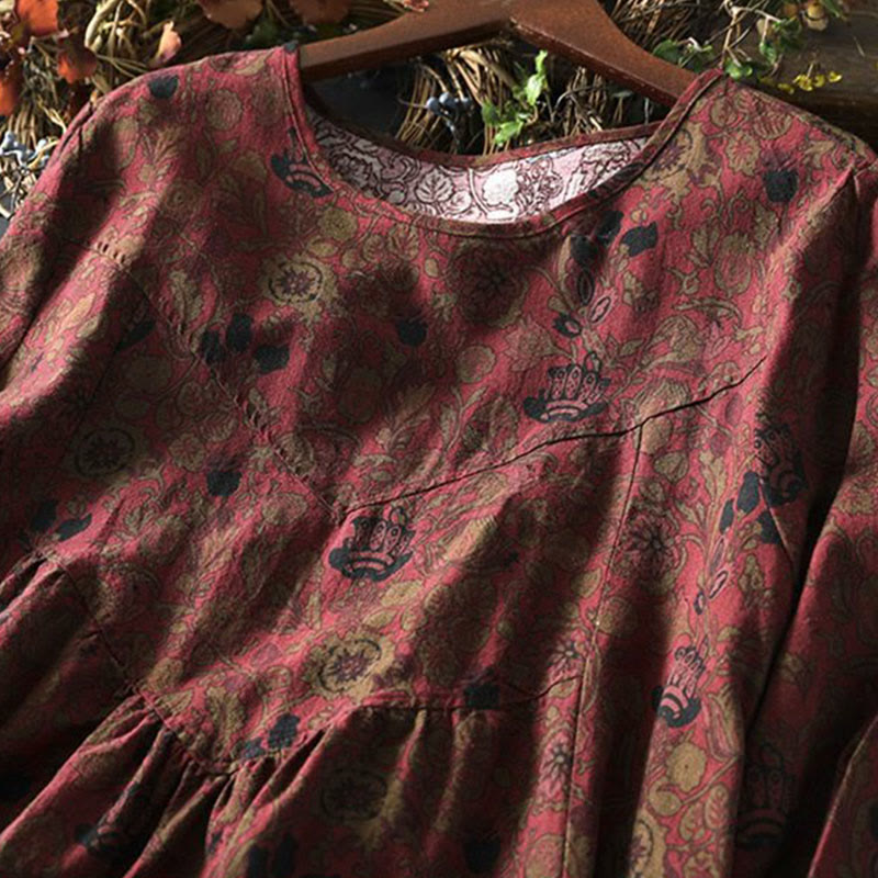 Buddha Stones Retro Floral Pattern A-line Design Long Sleeve Women's Cotton Maxi Dress - image 6