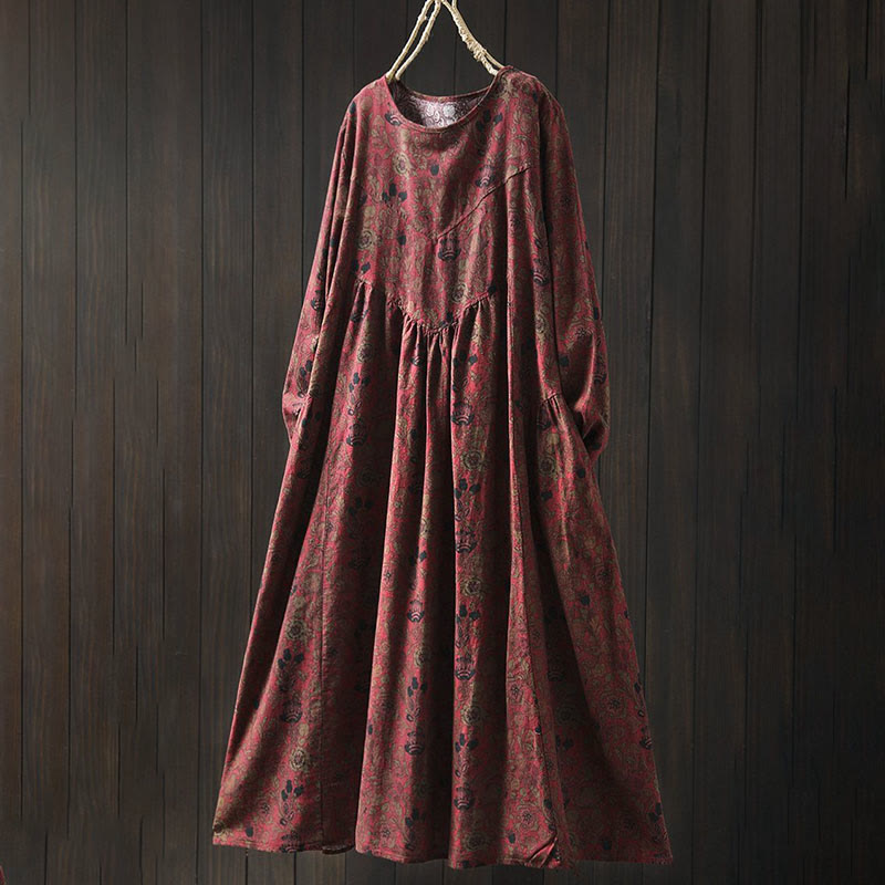 Buddha Stones Retro Floral Pattern A-line Design Long Sleeve Women's Cotton Maxi Dress - FireBrick - US4-8/10，UK/AU8-12/14，EU36-40/42 (F) - image 2