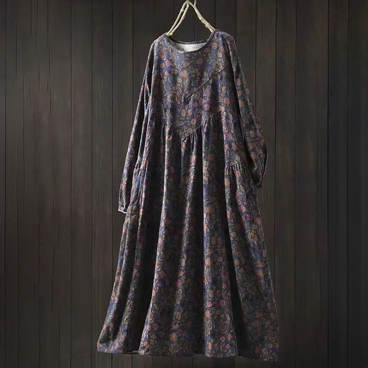 Buddha Stones Retro Floral Pattern A-line Design Long Sleeve Women's Cotton Maxi Dress - DarkBlue - US4-8/10，UK/AU8-12/14，EU36-40/42 (F) - image 11