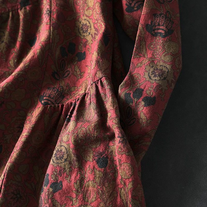 Buddha Stones Retro Floral Pattern A-line Design Long Sleeve Women's Cotton Maxi Dress - image 7