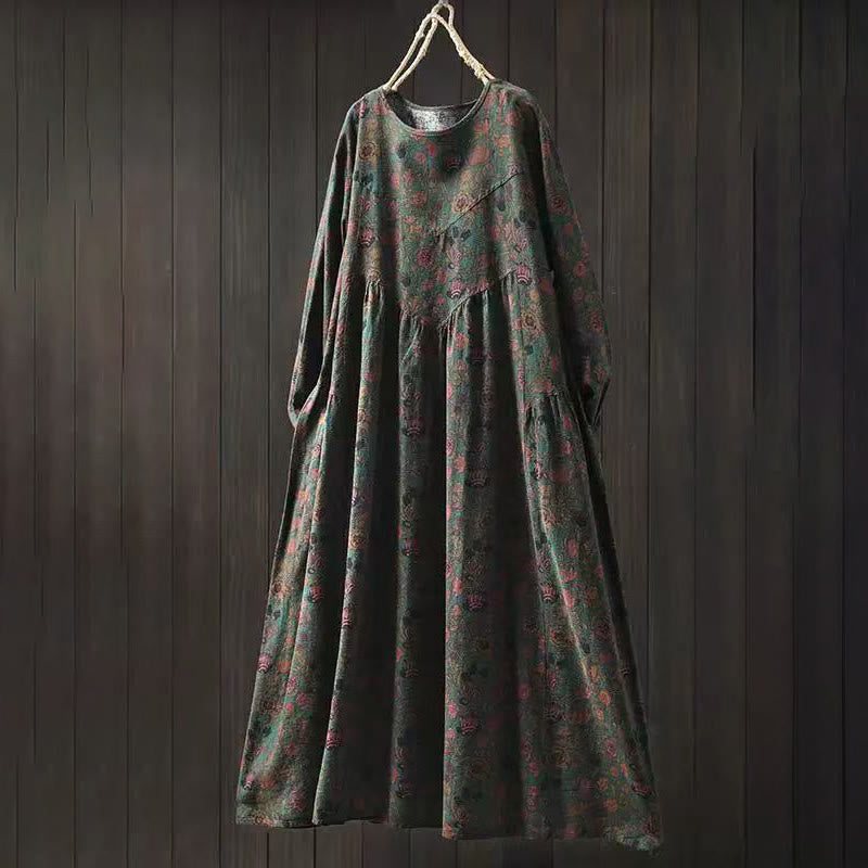 Buddha Stones Retro Floral Pattern A-line Design Long Sleeve Women's Cotton Maxi Dress - DarkOliveGreen - US4-8/10，UK/AU8-12/14，EU36-40/42 (F) - image 0