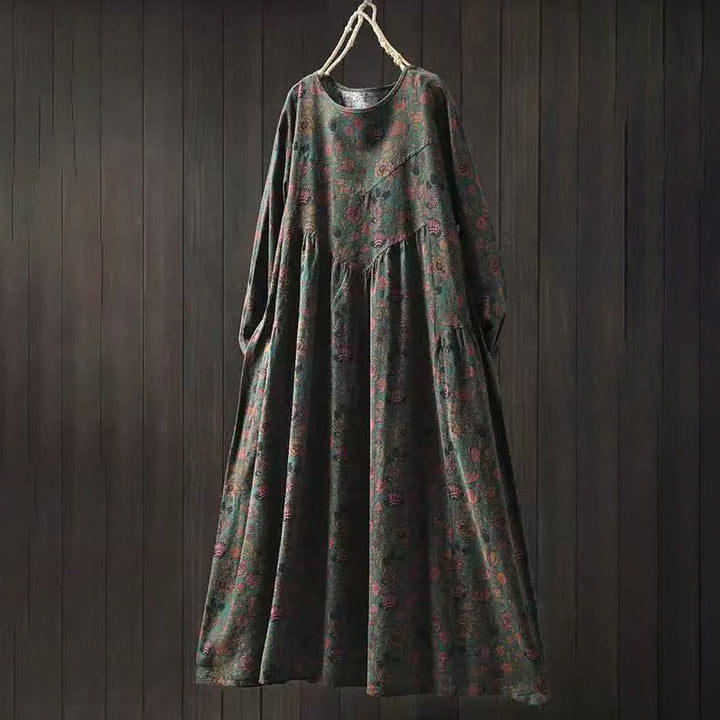 Buddha Stones Retro Floral Pattern A-line Design Long Sleeve Women's Cotton Maxi Dress - DarkOliveGreen - US4-8/10，UK/AU8-12/14，EU36-40/42 (F) - image 0