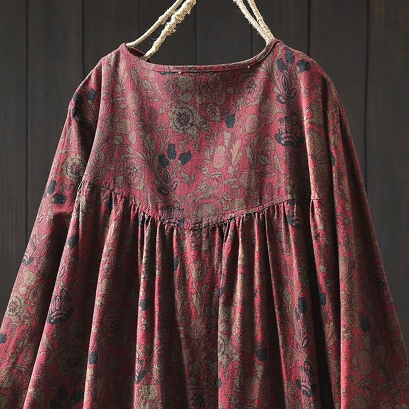 Buddha Stones Retro Floral Pattern A-line Design Long Sleeve Women's Cotton Maxi Dress - image 5