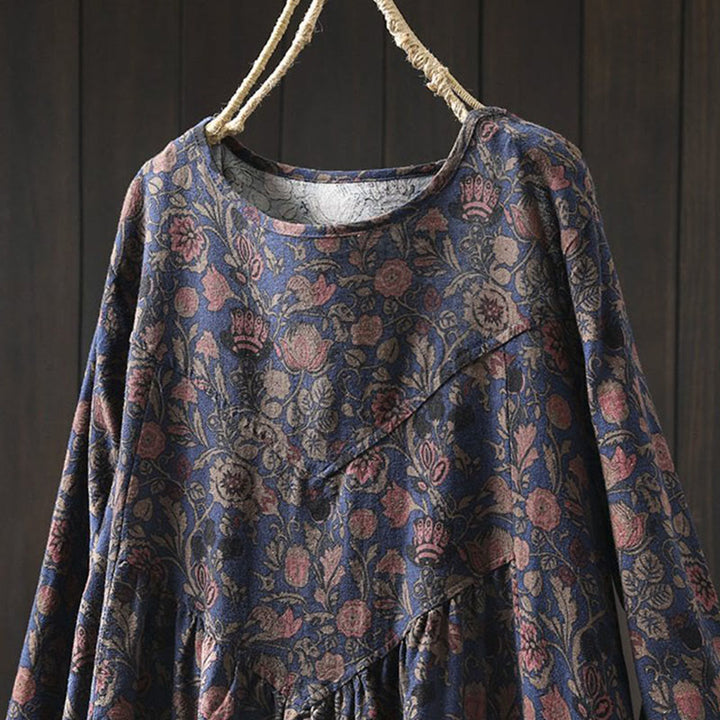 Buddha Stones Retro Floral Pattern A-line Design Long Sleeve Women's Cotton Maxi Dress - image 12