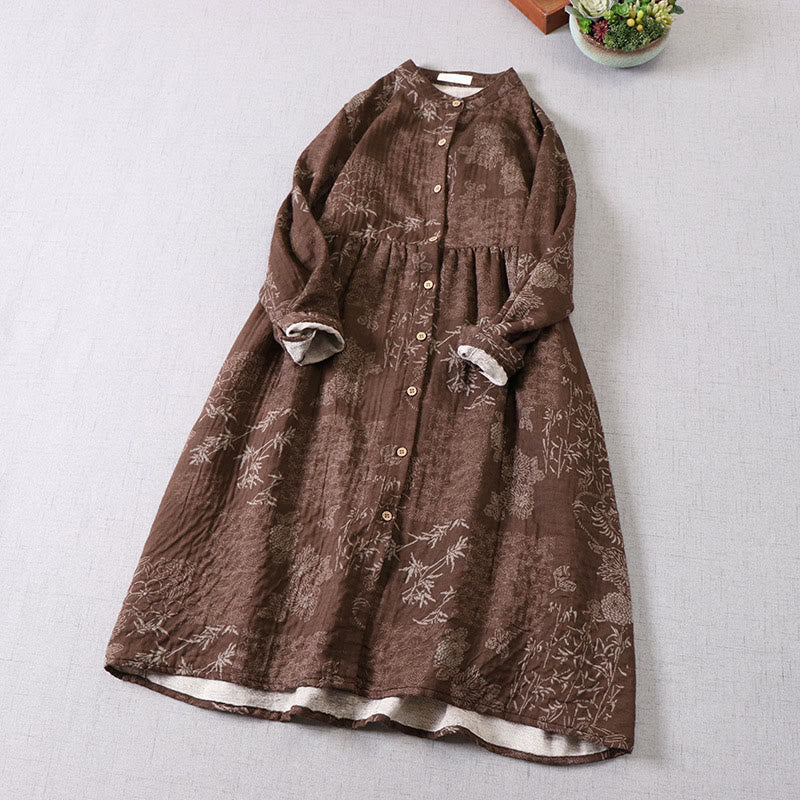 Buddha Stones Commute Bamboo Floral Pattern Long Sleeve Buttons Women's Cotton Midi Dress With Pockets - image 10