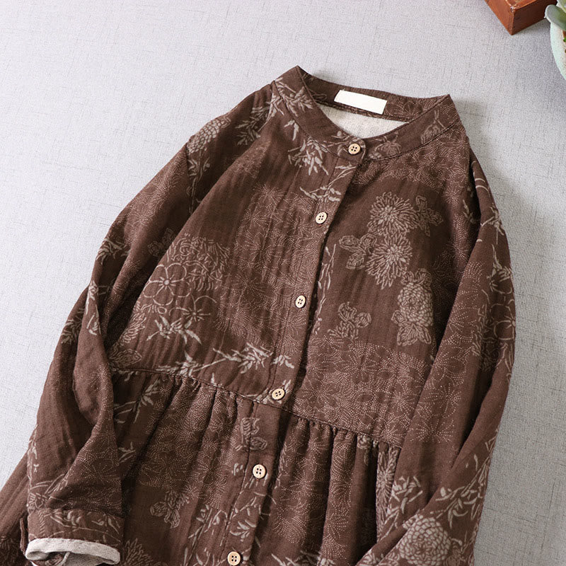 Buddha Stones Commute Bamboo Floral Pattern Long Sleeve Buttons Women's Cotton Midi Dress With Pockets - image 11