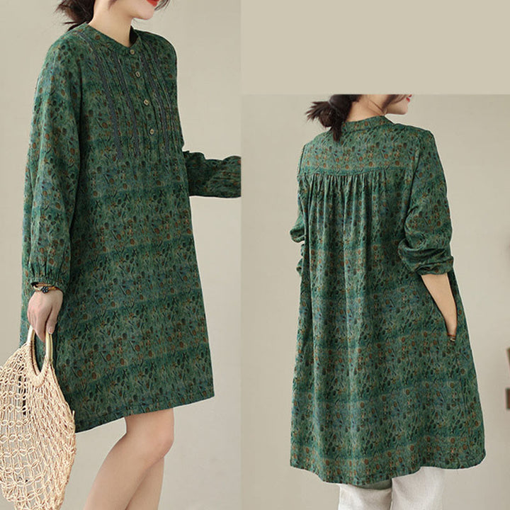 Buddha Stones Retro Printed Floral Women's Accordion Pleats Design Long Sleeve Shirt With Pockets - image 21