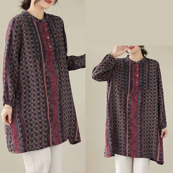 Buddha Stones Retro Printed Floral Women's Accordion Pleats Design Long Sleeve Shirt With Pockets - image 15