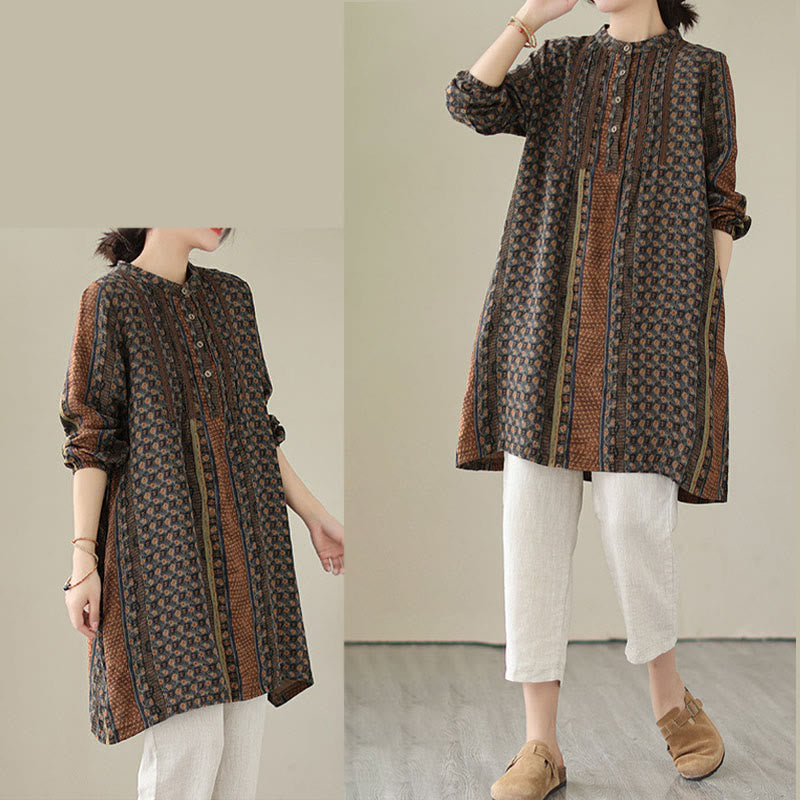 Buddha Stones Retro Printed Floral Women's Accordion Pleats Design Long Sleeve Shirt With Pockets - image 7