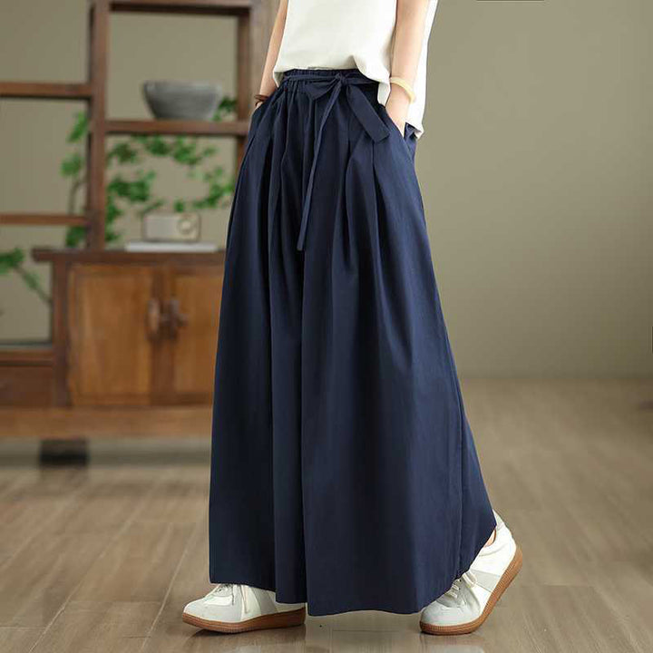 Buddha Stones Darkblue Plain Lace-up Design Women's Wide Leg Elastic Waist Pants With Pockets - image 3