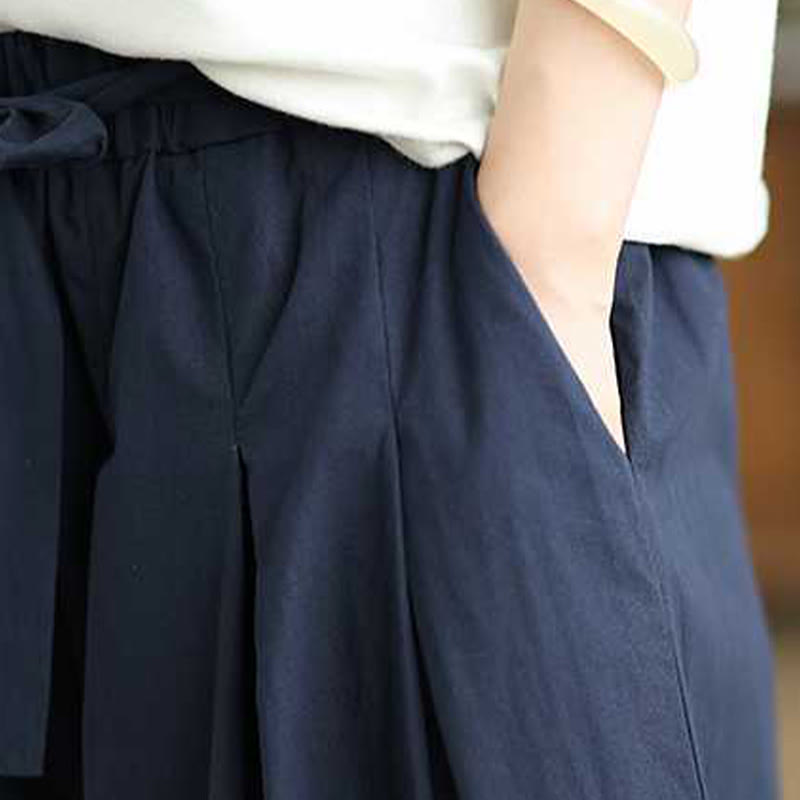 Buddha Stones Darkblue Plain Lace-up Design Women's Wide Leg Elastic Waist Pants With Pockets - image 11