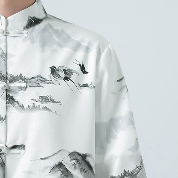 Buddha Stones Printing Chinese Ink Landscape Pattern Men's Frog-button Half Sleeve Shirts - image 9