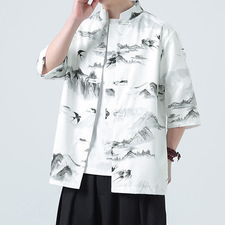 Buddha Stones Printing Chinese Ink Landscape Pattern Men's Frog-button Half Sleeve Shirts - image 6