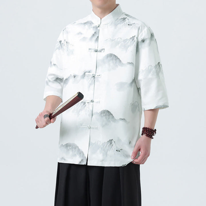 Buddha Stones Printing Chinese Ink Landscape Pattern Men's Frog-button Half Sleeve Shirts - Mountain Pattern - US/UK/AU46，EU56 (5XL) - image 10