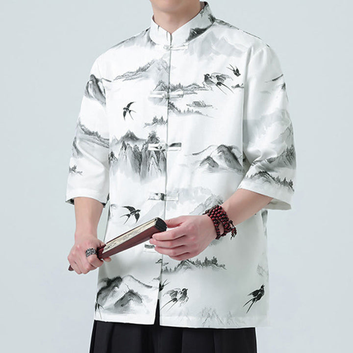 Buddha Stones Printing Chinese Ink Landscape Pattern Men's Frog-button Half Sleeve Shirts - image 3