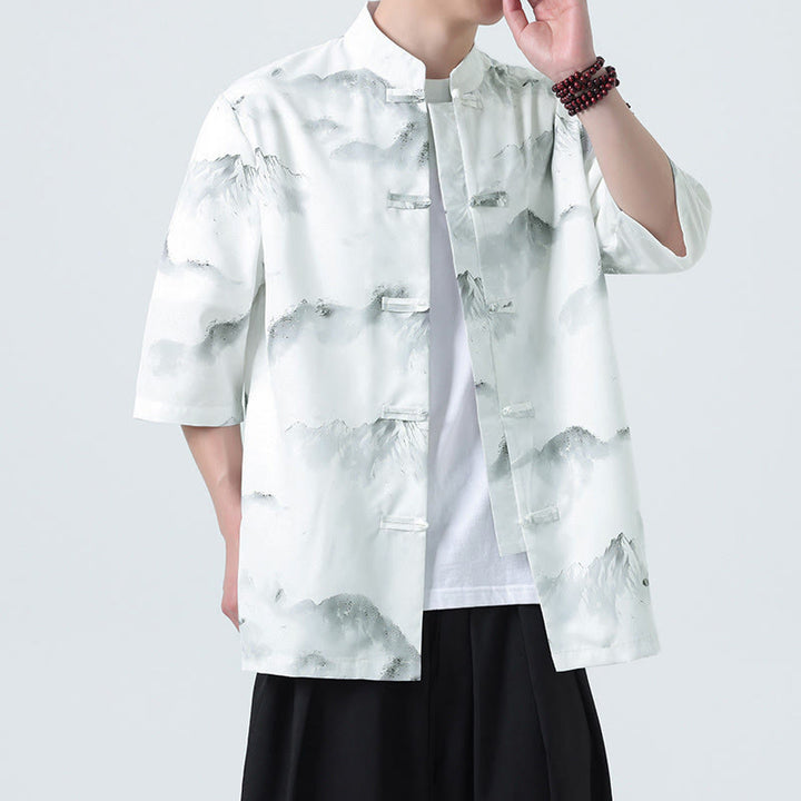 Buddha Stones Printing Chinese Ink Landscape Pattern Men's Frog-button Half Sleeve Shirts - image 17