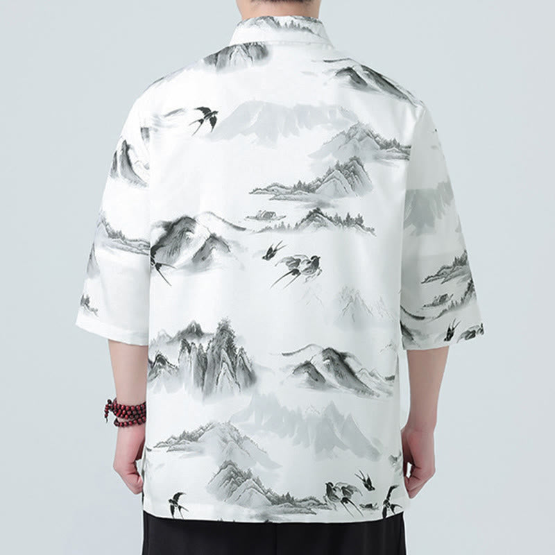 Buddha Stones Printing Chinese Ink Landscape Pattern Men's Frog-button Half Sleeve Shirts - image 5