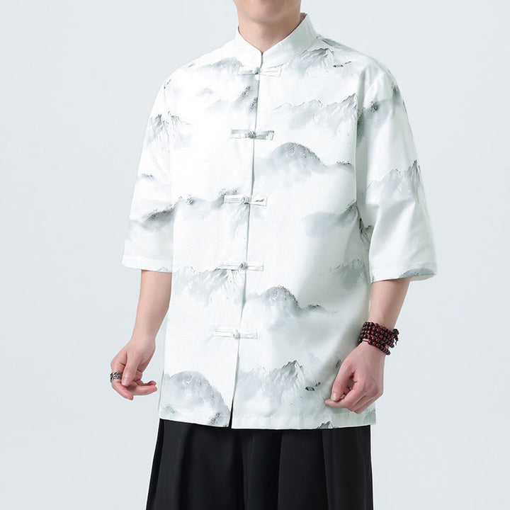 Buddha Stones Printing Chinese Ink Landscape Pattern Men's Frog-button Half Sleeve Shirts - image 12