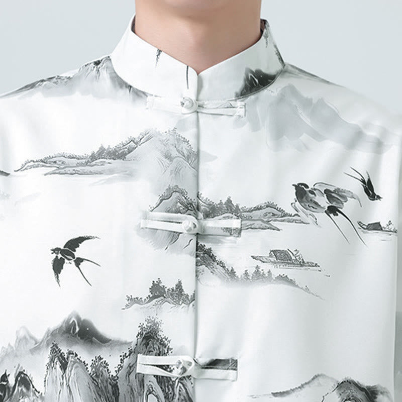 Buddha Stones Printing Chinese Ink Landscape Pattern Men's Frog-button Half Sleeve Shirts - image 8