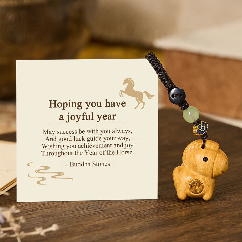 Buddha Stones "Hoping You Have a Joyful Year" Year of the Horse Rainbow Eucalyptus Small Leaf Red Sandalwood Key Chain Includes Gift Message Card - Linden Wood - Standard Gift Box - image 22