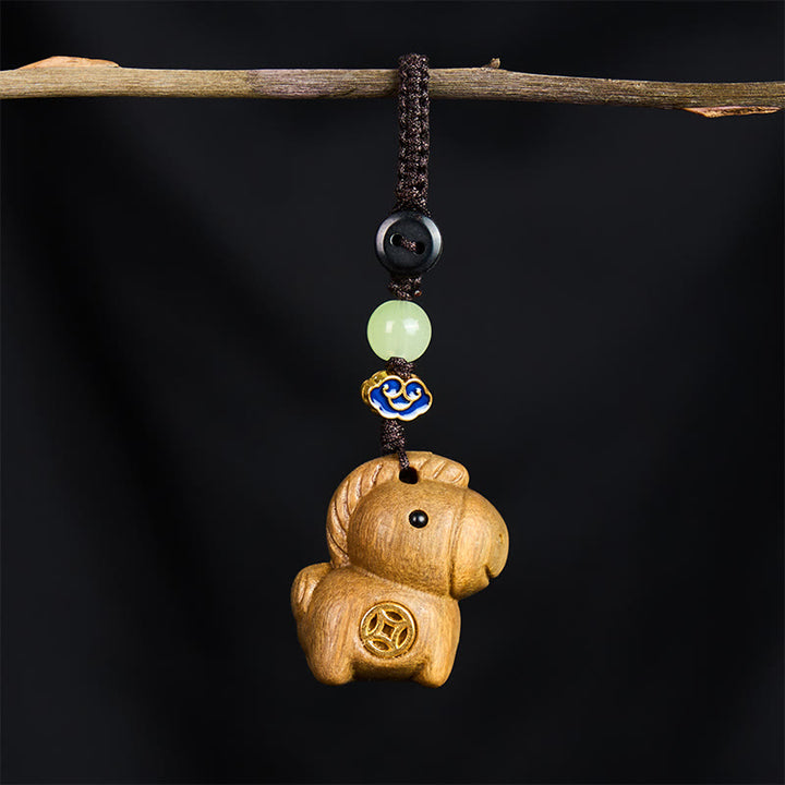 Buddha Stones "Hoping You Have a Joyful Year" Year of the Horse Rainbow Eucalyptus Small Leaf Red Sandalwood Key Chain Includes Gift Message Card - image 1