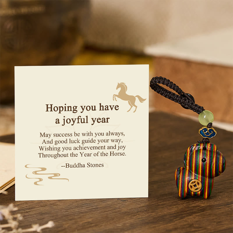 Buddha Stones "Hoping You Have a Joyful Year" Year of the Horse Rainbow Eucalyptus Small Leaf Red Sandalwood Key Chain Includes Gift Message Card - Rainbow Eucalyptus - Standard Gift Box - image 10