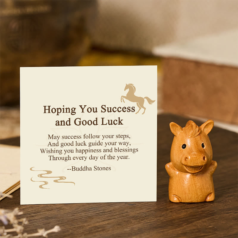 Buddha Stones "Hoping You Success and Good Luck" Mini Year of the Horse Linden Wood Prosperity Decoration Includes Gift Message Card - Linden Wood 2.8*3.25*4.2cm - Standard Gift Box - image 0