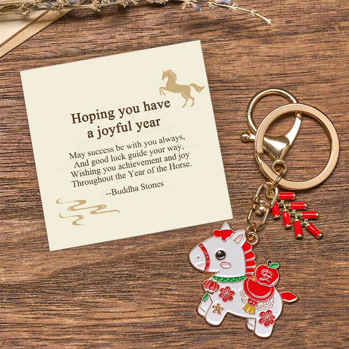 Buddha Stones "Hoping You Have a Joyful Year" Year of the Horse Ingot Red Firecrackers Alloy Key Chain Includes Gift Message Card - Year of the Horse Peace and Safe - Standard Gift Box - image 18
