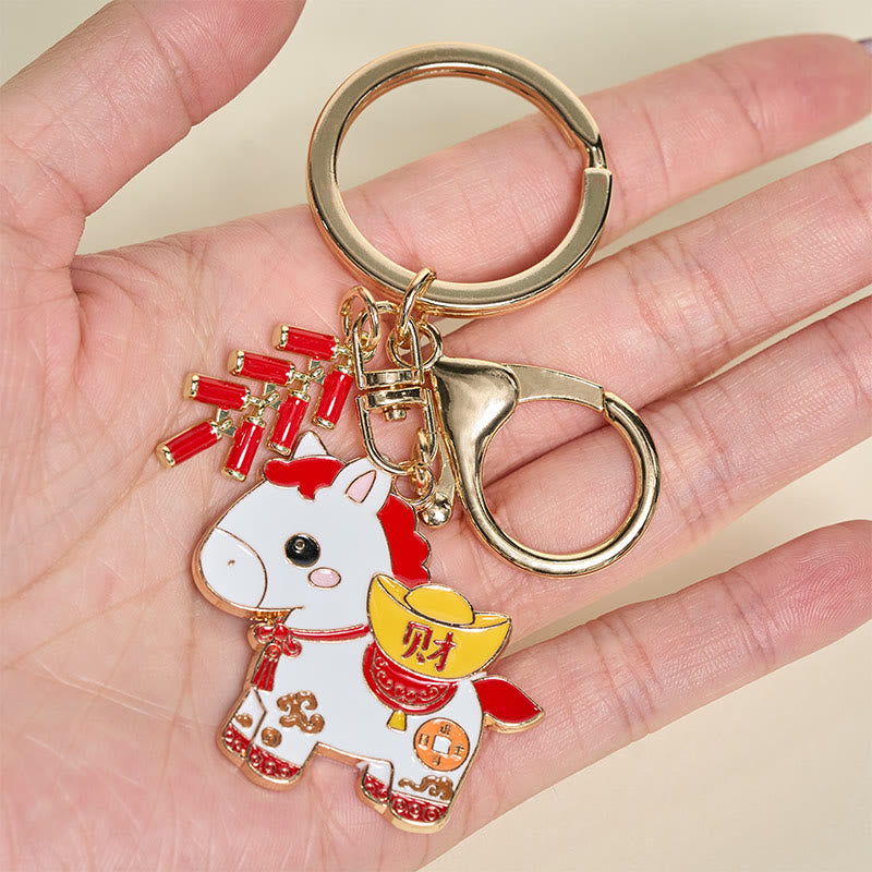 Buddha Stones "Hoping You Have a Joyful Year" Year of the Horse Ingot Red Firecrackers Alloy Key Chain Includes Gift Message Card - image 6