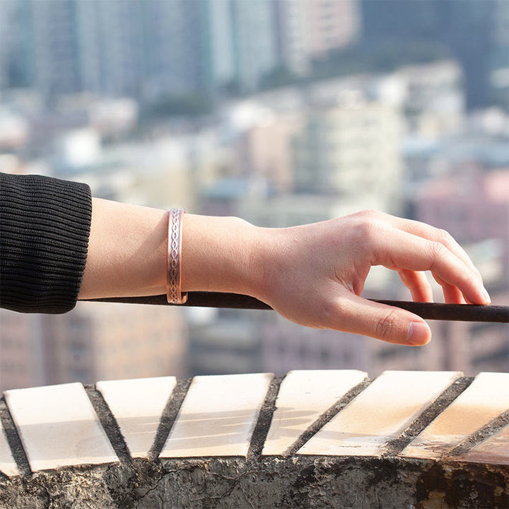Buddha Stones Interwoven Loop Pattern Copper Balance Luck Open Cuff Bracelet Bangle - image 3