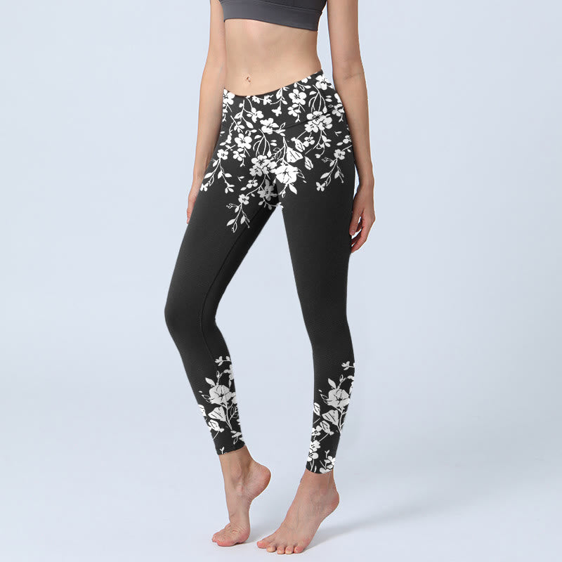 Buddha Stones Gorgeous Minimalist Style Flower Pattern Print Gym Leggings Women's Yoga Pants - Black - US18，UK/AU22，EU50 (4XL) - image 0