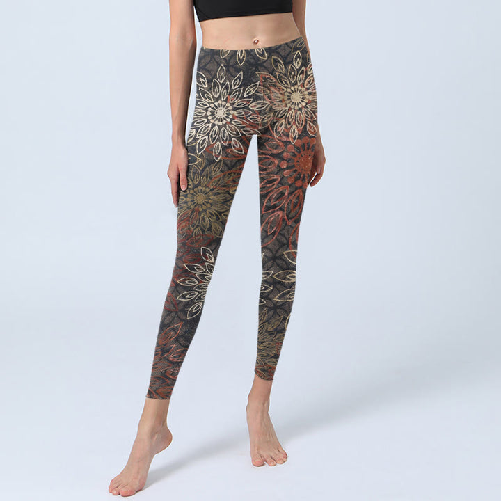 Buddha Stones Symmetrical Retro Flower Pattern Print Gym Leggings Women's Yoga Pants - image 5