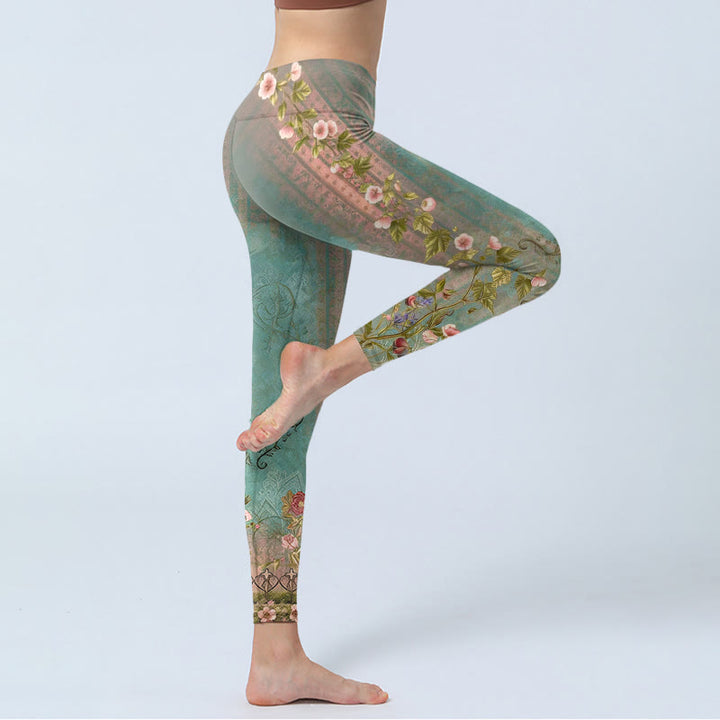Buddha Stones Symmetrical Retro Flower Leaf Vine Fence Pattern Print Gym Leggings Women's Yoga Pants - image 3